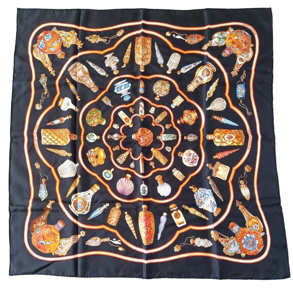 Hermes Silk Qu' Importe Le Flacon Scarf W/Box Perfume Bottles Black